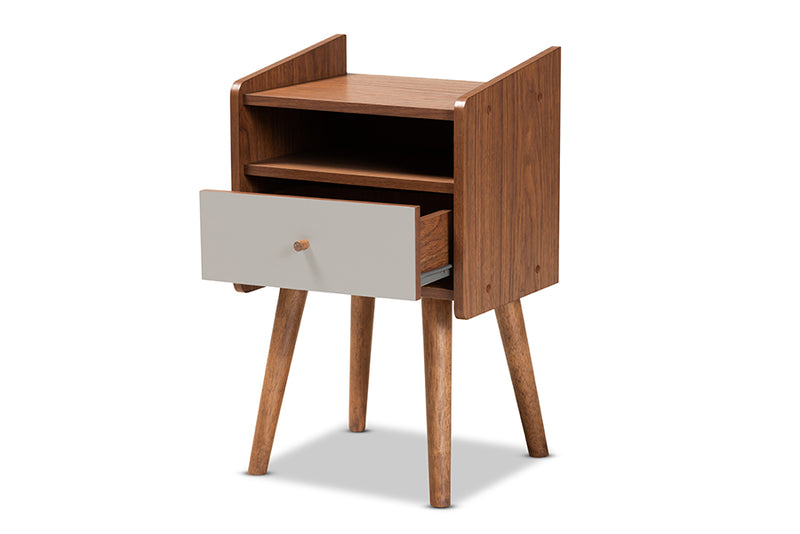 Baxton Studio Elario Mid-Century Modern Two-Tone Grey and Walnut Brown Finished Wood 1-Drawer Nightstand