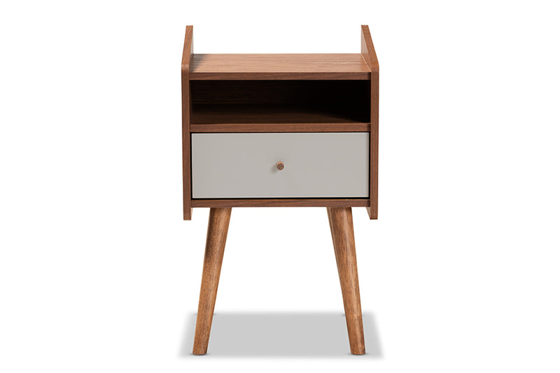 Baxton Studio Elario Mid-Century Modern Two-Tone Grey and Walnut Brown Finished Wood 1-Drawer Nightstand