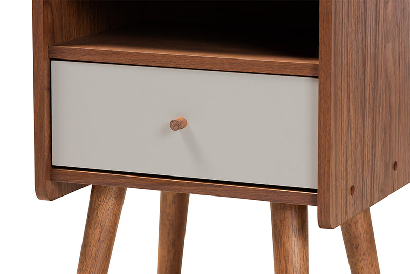 Baxton Studio Elario Mid-Century Modern Two-Tone Grey and Walnut Brown Finished Wood 1-Drawer Nightstand