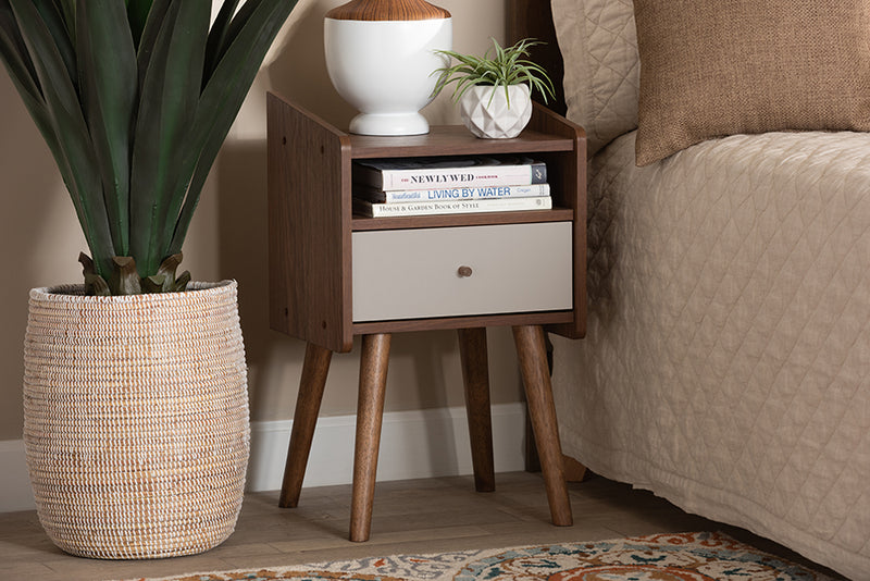 Baxton Studio Elario Mid-Century Modern Two-Tone Grey and Walnut Brown Finished Wood 1-Drawer Nightstand