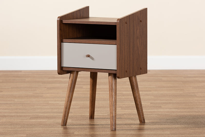 Baxton Studio Elario Mid-Century Modern Two-Tone Grey and Walnut Brown Finished Wood 1-Drawer Nightstand
