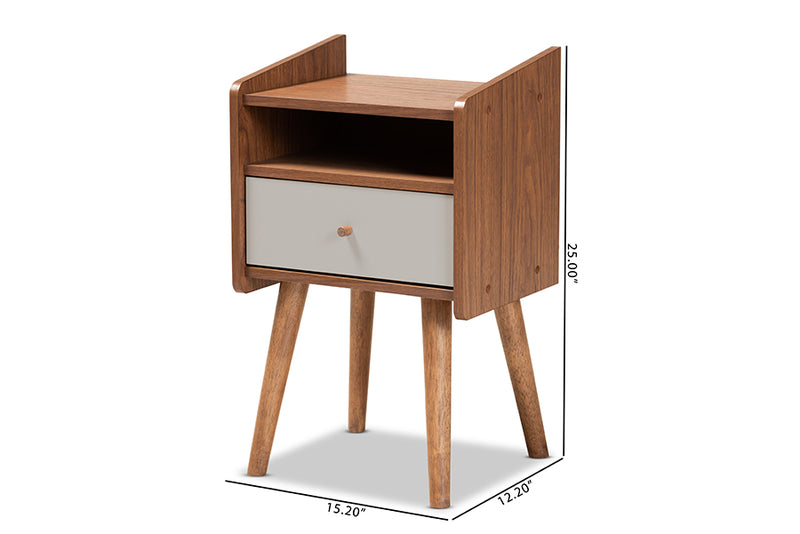 Baxton Studio Elario Mid-Century Modern Two-Tone Grey and Walnut Brown Finished Wood 1-Drawer Nightstand