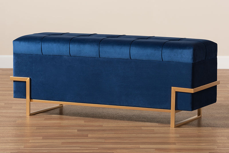 Baxton Studio Parker Glam and Luxe Navy Blue Velvet Upholstered and Gold Metal Finished Storage Ottoman