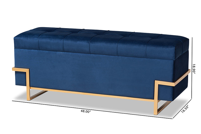 Baxton Studio Parker Glam and Luxe Navy Blue Velvet Upholstered and Gold Metal Finished Storage Ottoman