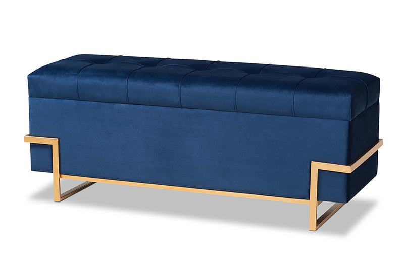Baxton Studio Parker Glam and Luxe Navy Blue Velvet Upholstered and Gold Metal Finished Storage Ottoman