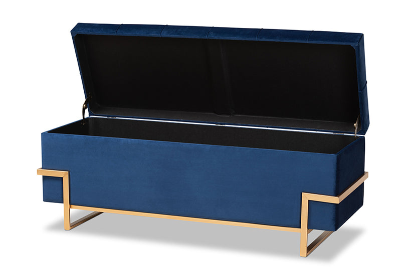 Baxton Studio Parker Glam and Luxe Navy Blue Velvet Upholstered and Gold Metal Finished Storage Ottoman