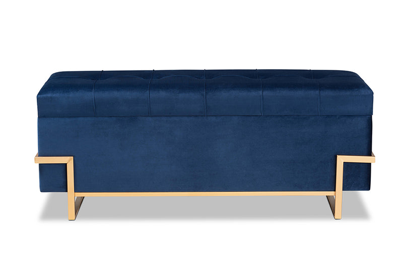 Baxton Studio Parker Glam and Luxe Navy Blue Velvet Upholstered and Gold Metal Finished Storage Ottoman