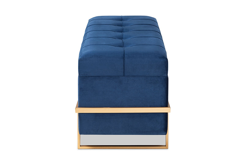 Baxton Studio Parker Glam and Luxe Navy Blue Velvet Upholstered and Gold Metal Finished Storage Ottoman