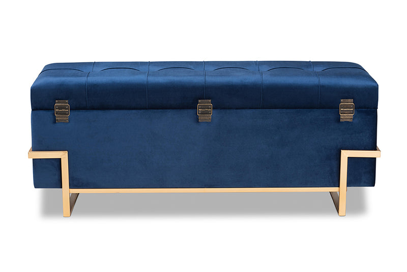 Baxton Studio Parker Glam and Luxe Navy Blue Velvet Upholstered and Gold Metal Finished Storage Ottoman