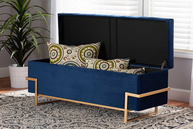 Baxton Studio Parker Glam and Luxe Navy Blue Velvet Upholstered and Gold Metal Finished Storage Ottoman