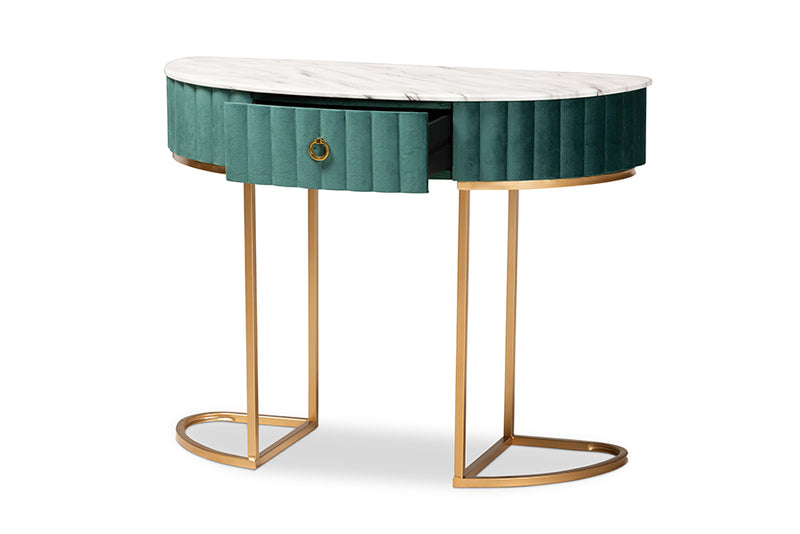 Baxton Studio Beale Luxe and Glam Green Velvet Upholstered and Brushed Gold Finished 1-Drawer Console Table with Faux Marble Tabletop