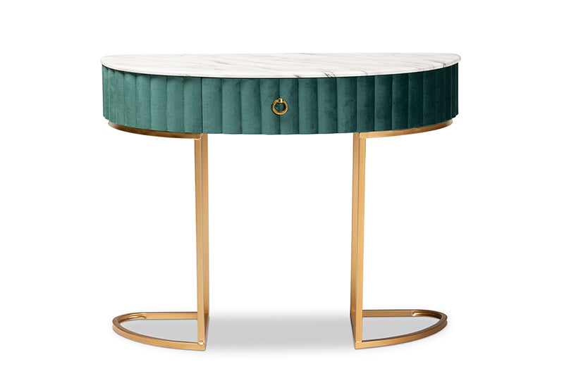 Baxton Studio Beale Luxe and Glam Green Velvet Upholstered and Brushed Gold Finished 1-Drawer Console Table with Faux Marble Tabletop