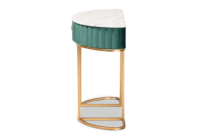 Baxton Studio Beale Luxe and Glam Green Velvet Upholstered and Brushed Gold Finished 1-Drawer Console Table with Faux Marble Tabletop