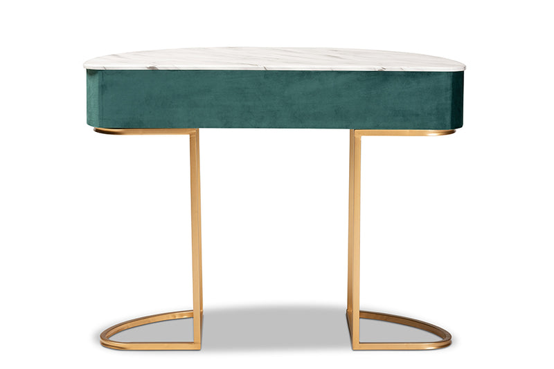 Baxton Studio Beale Luxe and Glam Green Velvet Upholstered and Brushed Gold Finished 1-Drawer Console Table with Faux Marble Tabletop