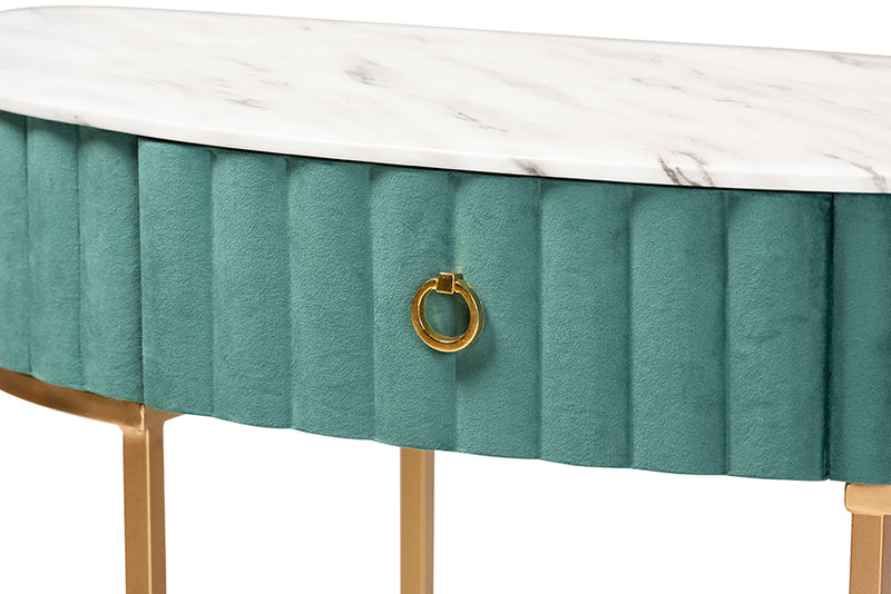 Baxton Studio Beale Luxe and Glam Green Velvet Upholstered and Brushed Gold Finished 1-Drawer Console Table with Faux Marble Tabletop