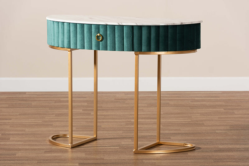Baxton Studio Beale Luxe and Glam Green Velvet Upholstered and Brushed Gold Finished 1-Drawer Console Table with Faux Marble Tabletop