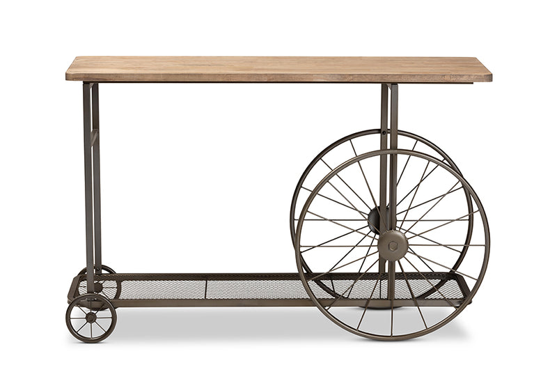 Baxton Studio Terence Vintage Rustic Industrial Natural Finished Wood and Black Finished Metal Wheeled Console Table