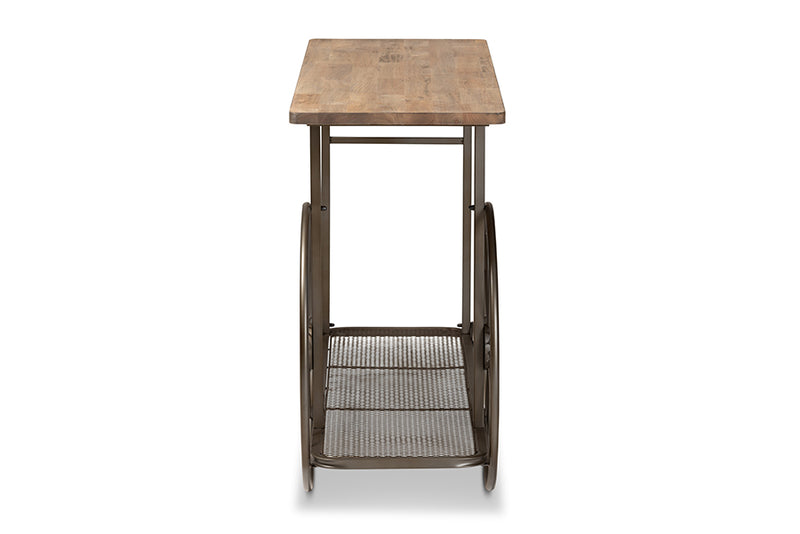 Baxton Studio Terence Vintage Rustic Industrial Natural Finished Wood and Black Finished Metal Wheeled Console Table
