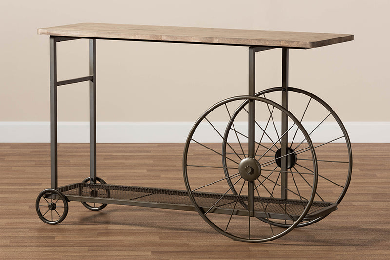 Baxton Studio Terence Vintage Rustic Industrial Natural Finished Wood and Black Finished Metal Wheeled Console Table