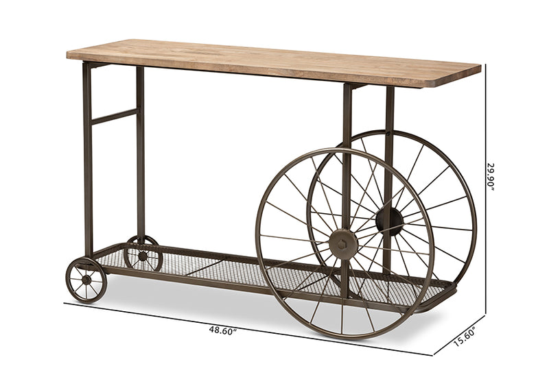 Baxton Studio Terence Vintage Rustic Industrial Natural Finished Wood and Black Finished Metal Wheeled Console Table