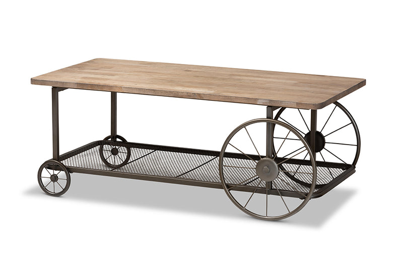 Baxton Studio Terence Vintage Rustic Industrial Natural Finished Wood and Black Finished Metal Wheeled Coffee Table