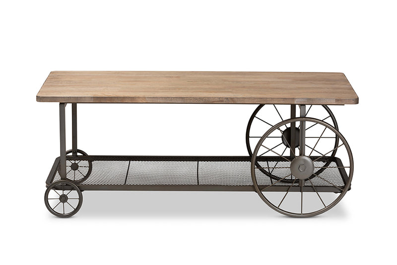 Baxton Studio Terence Vintage Rustic Industrial Natural Finished Wood and Black Finished Metal Wheeled Coffee Table