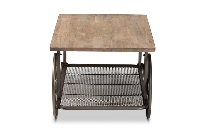 Baxton Studio Terence Vintage Rustic Industrial Natural Finished Wood and Black Finished Metal Wheeled Coffee Table