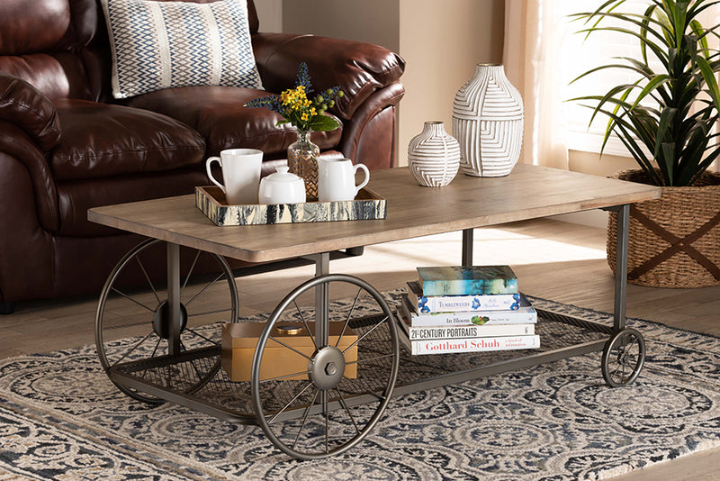 Baxton Studio Terence Vintage Rustic Industrial Natural Finished Wood and Black Finished Metal Wheeled Coffee Table