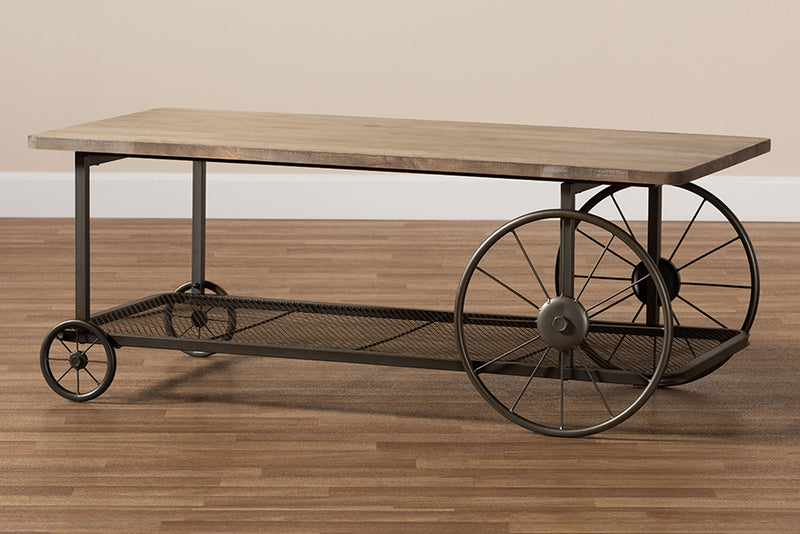 Baxton Studio Terence Vintage Rustic Industrial Natural Finished Wood and Black Finished Metal Wheeled Coffee Table