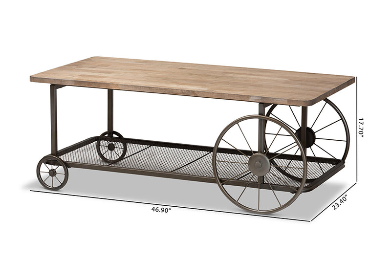 Baxton Studio Terence Vintage Rustic Industrial Natural Finished Wood and Black Finished Metal Wheeled Coffee Table