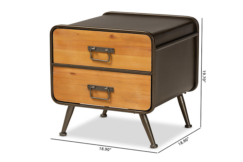Baxton Studio Kaiya Rustic and Industrial Oak Brown Finished Wood and Black Metal 2-Drawer Nightstand