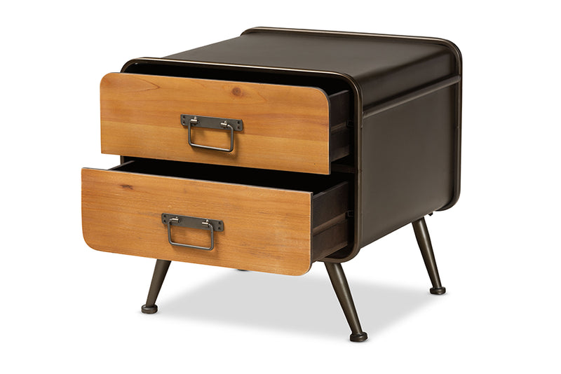 Baxton Studio Kaiya Rustic and Industrial Oak Brown Finished Wood and Black Metal 2-Drawer Nightstand