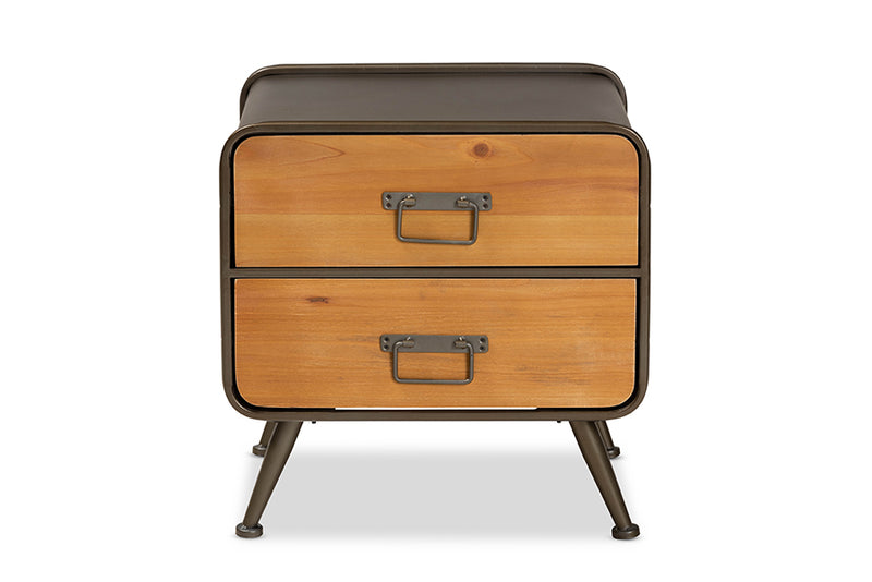 Baxton Studio Kaiya Rustic and Industrial Oak Brown Finished Wood and Black Metal 2-Drawer Nightstand