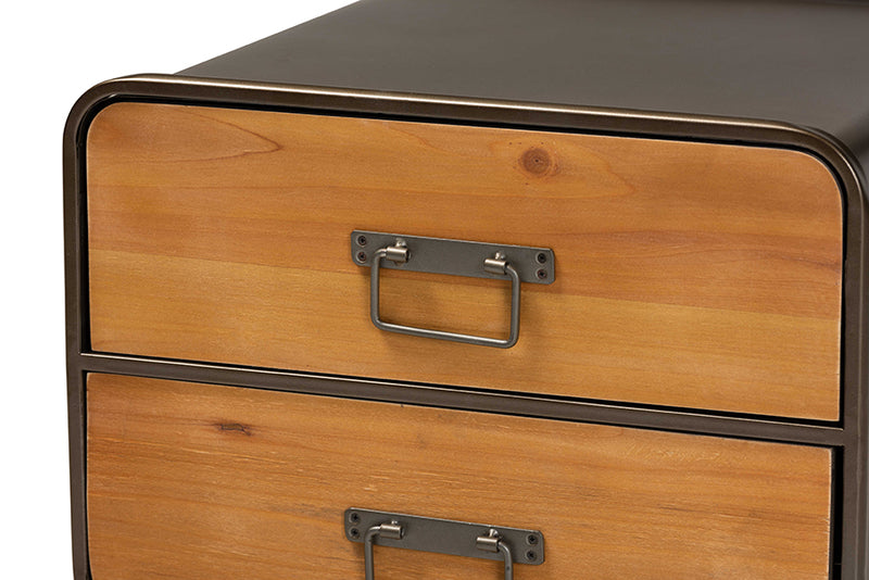Baxton Studio Kaiya Rustic and Industrial Oak Brown Finished Wood and Black Metal 2-Drawer Nightstand