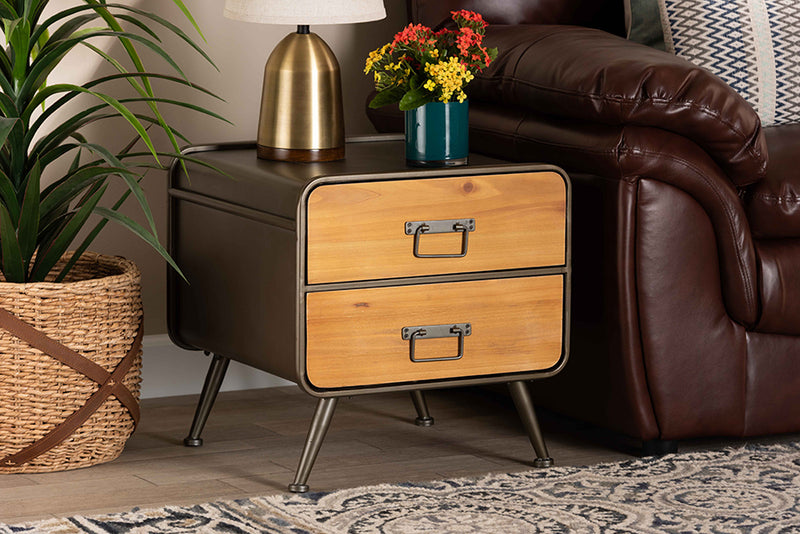 Baxton Studio Kaiya Rustic and Industrial Oak Brown Finished Wood and Black Metal 2-Drawer Nightstand