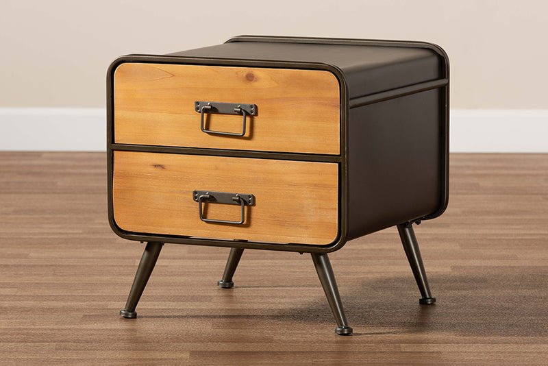 Baxton Studio Kaiya Rustic and Industrial Oak Brown Finished Wood and Black Metal 2-Drawer Nightstand