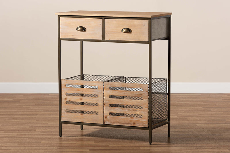 Baxton Studio Abram Modern Farmhouse Industrial Oak Brown Finished Wood and Black Metal 2-Drawer Multipurpose Kitchen Storage Cabinet