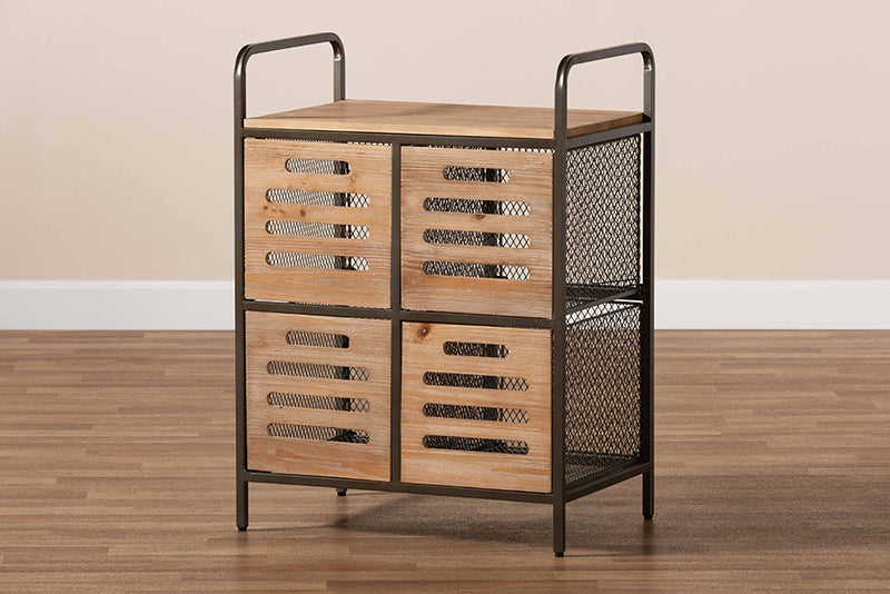 Baxton Studio Aila Modern Farmhouse Industrial Oak Brown Finished Wood and Black Metal Multipurpose Kitchen Storage Cabinet