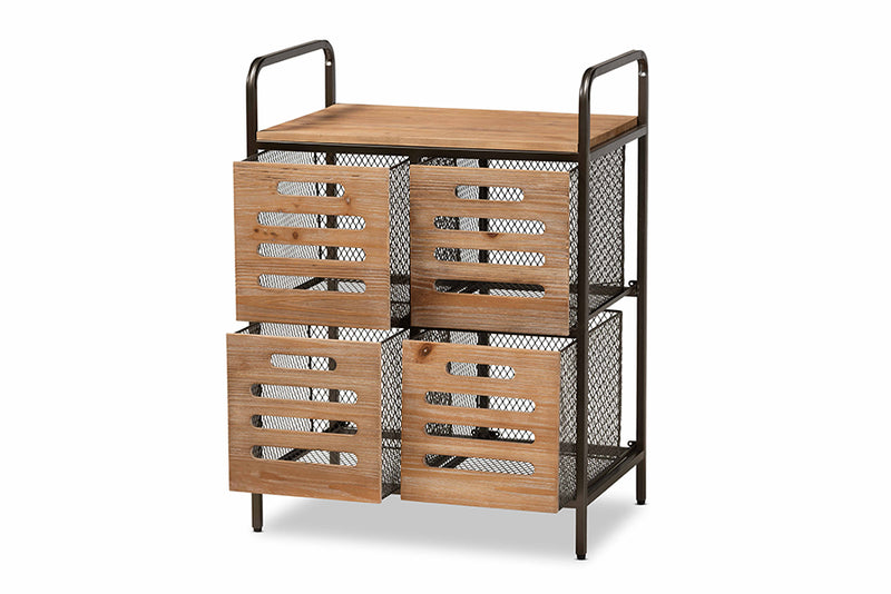 Baxton Studio Aila Modern Farmhouse Industrial Oak Brown Finished Wood and Black Metal Multipurpose Kitchen Storage Cabinet