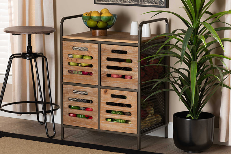 Baxton Studio Aila Modern Farmhouse Industrial Oak Brown Finished Wood and Black Metal Multipurpose Kitchen Storage Cabinet