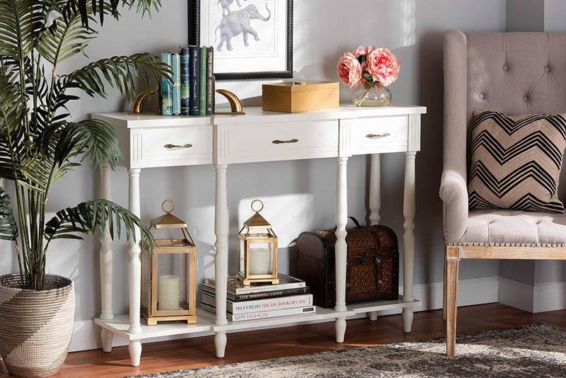 Baxton Studio Hallan Classic and Traditional French Provincial White Finished Wood 3-Drawer Console Table
