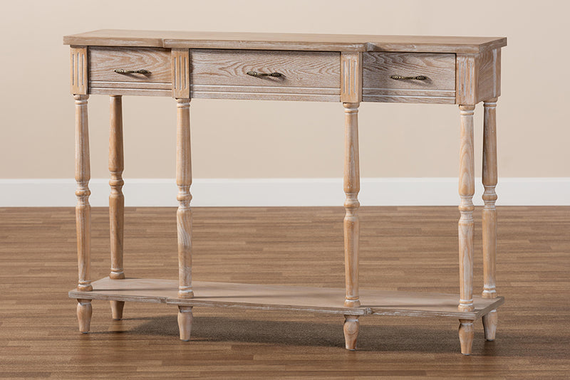 Baxton Studio Hallan Classic and Traditional French Provincial Rustic Whitewashed Oak Brown Finished Wood 3-Drawer Console Table