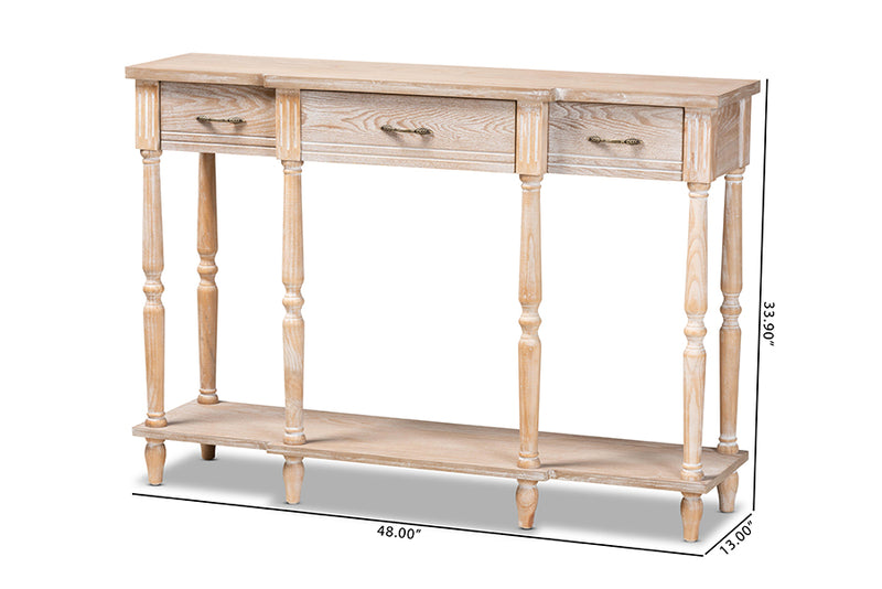 Baxton Studio Hallan Classic and Traditional French Provincial Rustic Whitewashed Oak Brown Finished Wood 3-Drawer Console Table