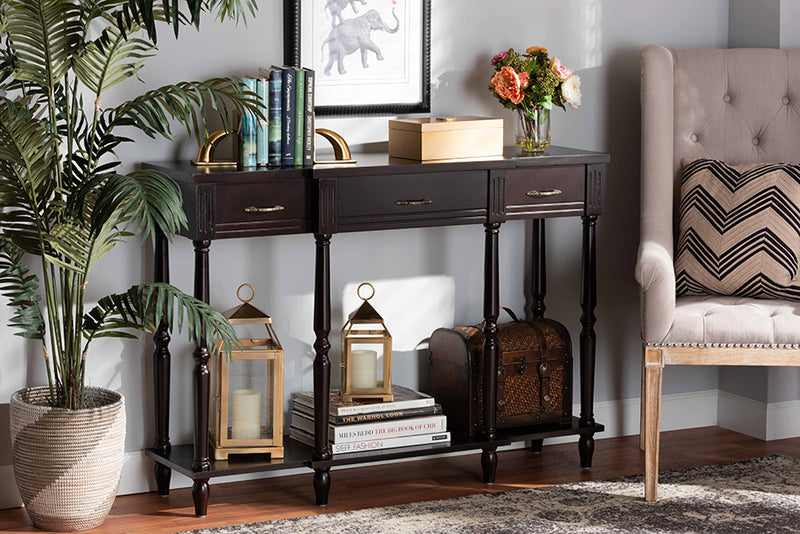 Baxton Studio Hallan Classic and Traditional French Provincial Dark Brown Finished Wood 3-Drawer Console Table