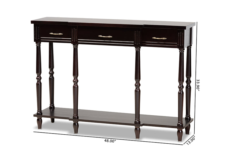 Baxton Studio Hallan Classic and Traditional French Provincial Dark Brown Finished Wood 3-Drawer Console Table