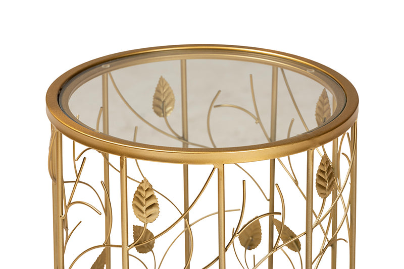 Baxton Studio Anaya Modern and Contemporary Glam Brushed Gold Finished Metal and Glass Leaf Accent End Table