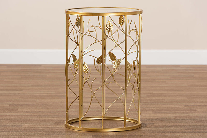 Baxton Studio Anaya Modern and Contemporary Glam Brushed Gold Finished Metal and Glass Leaf Accent End Table