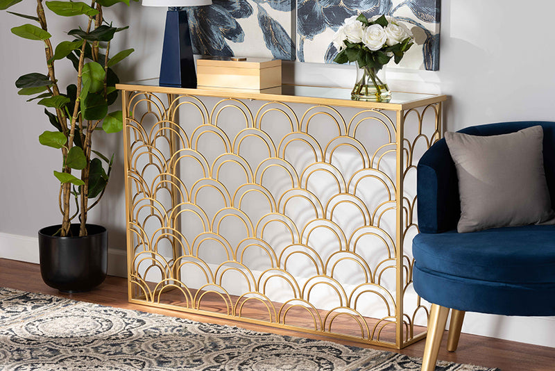 Baxton Studio Dawson Glam and Luxe Brushed Gold Finished Metal and Glass Console Table