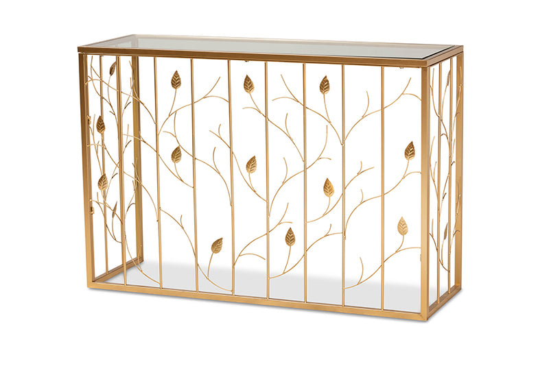 Baxton Studio Anaya Modern and Contemporary Glam Brushed Gold Finished Metal and Glass Leaf Console Table