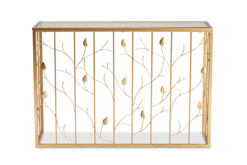 Baxton Studio Anaya Modern and Contemporary Glam Brushed Gold Finished Metal and Glass Leaf Console Table